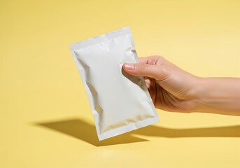Hand holding blank white packaging sachet on bright yellow background