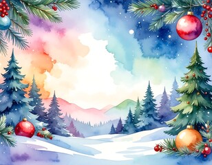 Watercolor winter scene featuring snow, trees, and Christmas decorations