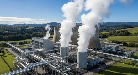 Aerial Drone Shot of Modern Geothermal Power Plant with Steam Plumes in Green Valley