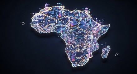 3D Isometric Render of Africa as Glowing Circuit Board and Digital Network
