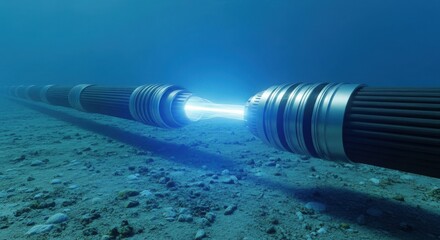 Armored Fiber Optic Cable on Ocean Floor with Glowing Data Pulse