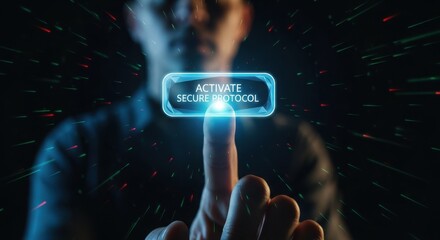 Finger Hovering Over Luminous 'Activate Secure Protocol' Holographic Button