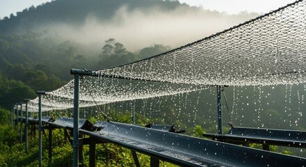 Fog-Catching Mesh Nets Collecting Water Droplets on Misty Mountain Ridge
