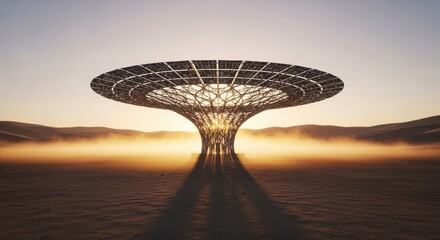 Futuristic Solar-Powered Fog Harvesting Structure in Desert at Golden Hour