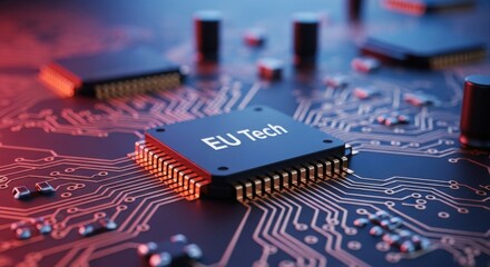 Macro Shot of Microchip Labeled 'EU Tech' on Glowing Circuit Board