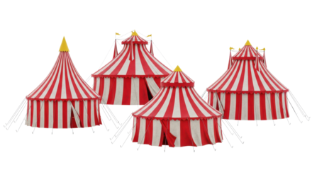 four isolated vintage circus tents featuring weathered red and cream stripes and gold spires, against a transparent high-key studio background. concept of nostalgic entertainment and fairs