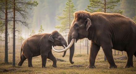 Photorealistic Woolly Mammoth Mother Nudging Calf in Misty Boreal Forest