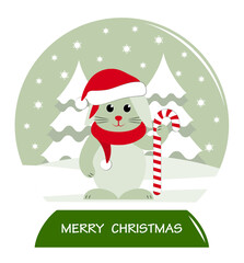 bunny with cap and scarf and christmas stick in snow ball isolated on white background