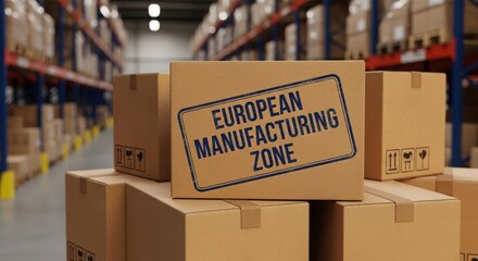 Stacked Cardboard Boxes with 'European Manufacturing Zone' Stamp in Warehouse
