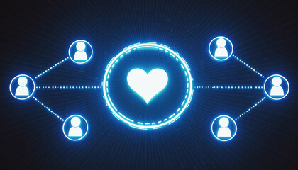 Digital Heart Network: An illuminated heart at the core, representing connection and relationships, shines brightly amidst a network of linked profiles, symbolizing digital communication.