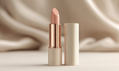 A small tube of pale pink lipstick. white textile on background