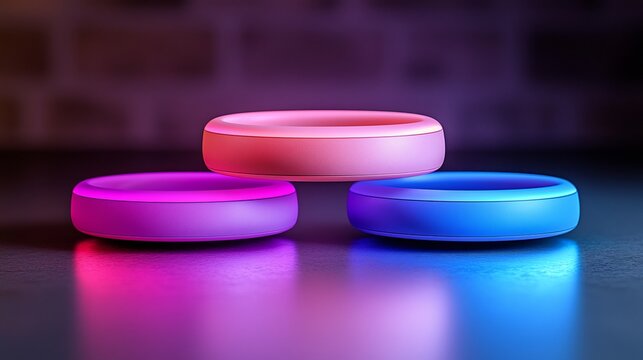 A close up of three circular objects stacked on top of each other with pink purple and blue lighting