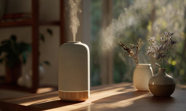 A white vase with flowers sits on a table next to a white vase with a white cand