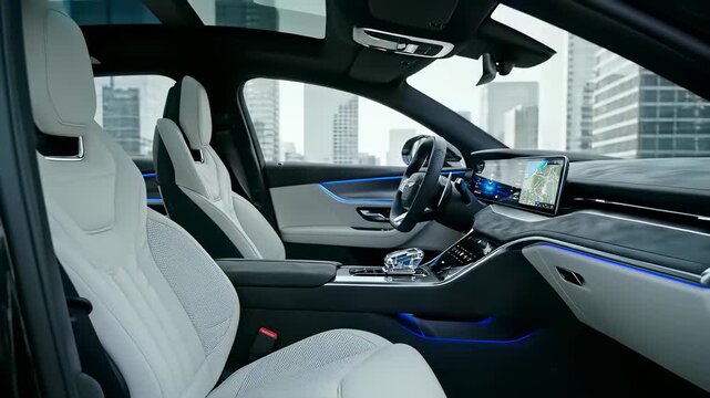 A sleek, modern car dashboard with tactile steering wheel and high tech touch screen comes into sharp focus, capturing the essence of technological innovation where human intuition meets cutting.
