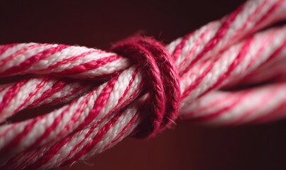 A red and white rope is tied in a knot