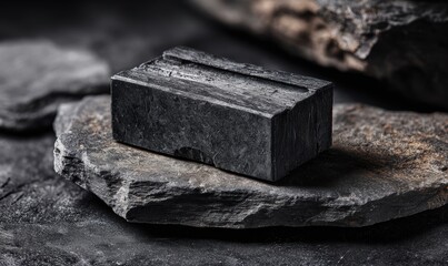 A black brick is sitting on a rock