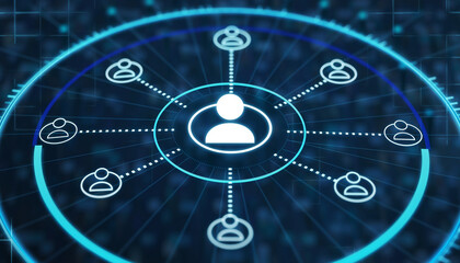 Digital Network Connection: An eye-level, close-up captures a stylized depiction of a interconnected network, highlighting communication and data exchange within a cybernetic framework.