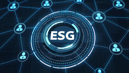 ESG Initiative: A digital network visualized, centered around ESG, suggesting environmental, social, and governance initiatives, emphasizing connectivity and future innovation.