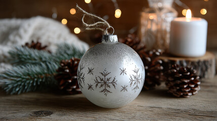 Silver Christmas bauble with snowflake pattern surrounded by pine cones and warm festive lights