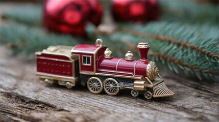 Red and gold miniature train ornament resting on rustic wood with evergreen branches and Christmas decor