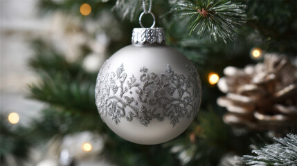 Silver Christmas bauble with glittery leaf pattern hanging on a green tree with warm festive lights