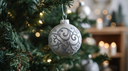 Silver Christmas bauble with ornate glitter swirl design hanging on a decorated tree with warm lights