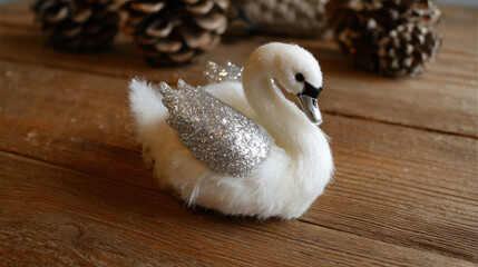 Fluffy white swan ornament with silver glitter wings displayed on rustic wooden surface with pine cones