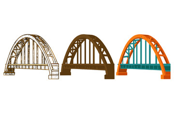 Obraz premium Bridge Styles Exploration. Arch bridge, rusted joints, worn-out paint flakes, first in line style with thin outline, second in