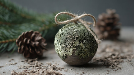 Wooden ornament ball covered with lichen and tied with rustic twine surrounded by pine branches and cones