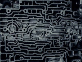 Close up hydroblock detail of automatic gearbox. Abstract background