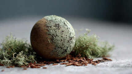 Weathered wooden ornament ball partially covered with pale lichen resting among moss and dried forest debris