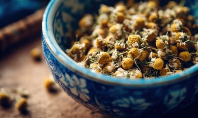 A bowl of dried flowers is on a wooden table
