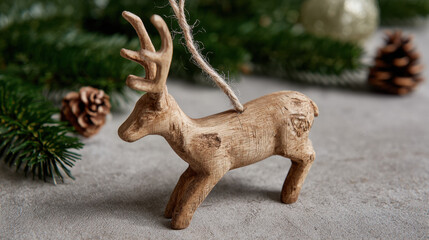 Rustic wooden deer ornament with carved texture standing among pine branches and cones on a neutral surface