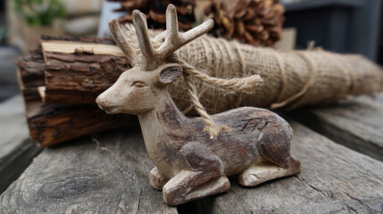 Rustic wooden deer ornament with weathered texture resting on wooden surface beside pine cones and bundled twigs