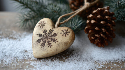 Wooden heart ornament with burned snowflake design resting on snowy wood beside pine branches and cones