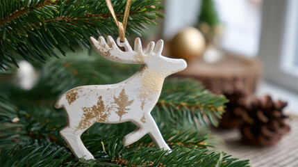 White wooden reindeer ornament with gold leaf details hanging on a pine branch with warm festive accents