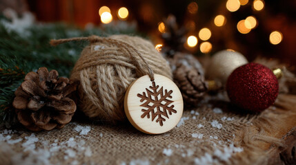 Light wooden snowflake ornament with carved design placed among pinecones and festive decorations