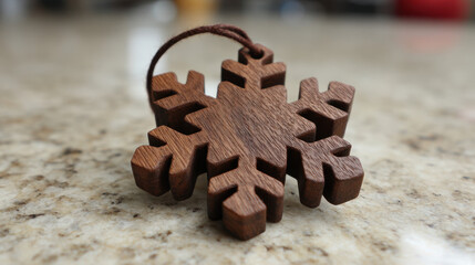 Carved wooden snowflake ornament on a textured stone surface with soft natural light