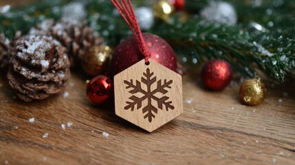 Wooden hexagon snowflake ornament with red string surrounded by pinecones and festive baubles