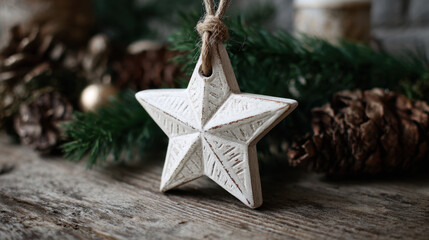 Rustic hand-carved white wooden star ornament with distressed texture displayed among pinecones and greenery