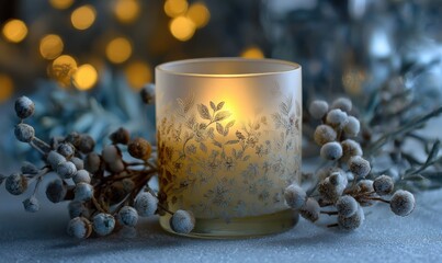 A candle is lit in a glass jar