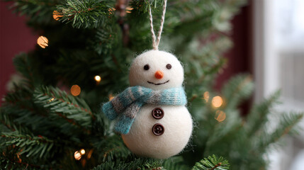 Snowman felt ornament hanging on a christmas tree with warm festive lights