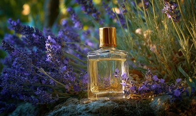A bottle of perfume is sitting on a rock next to purple flowers