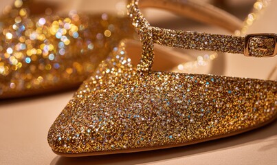 A pair of gold glittery shoes with a gold strap