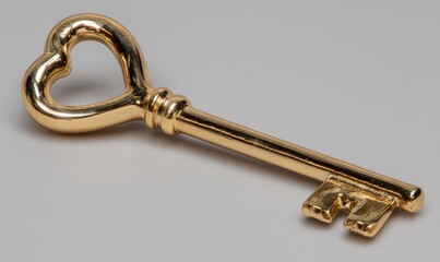 A gold key with a heart shaped hole in the middle