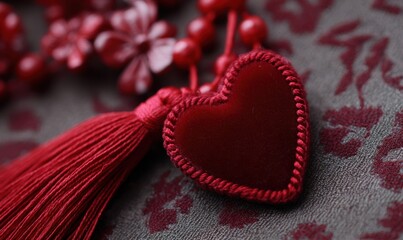 A red heart with a red ribbon is on a grey background