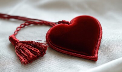 A red heart with a red ribbon attached to it