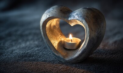 A small candle is lit in a heart shaped holder