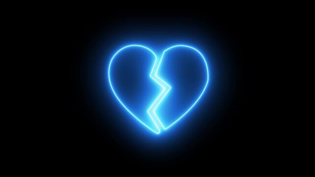 Animation icon of a broken red heart 4k on black background. Broken heart animation. Concept of unrequited love broken heart .Neon broken heart icon animation in 4k animation. Concept love