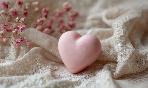 A pink heart is on a white cloth - Powered by Adobe